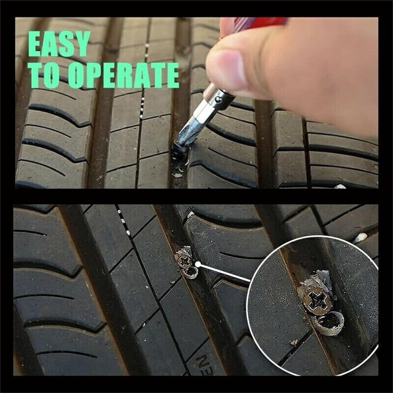 Hand using motorcycle tire repair plugs to fix a puncture in a tire tread, showcasing ease of operation