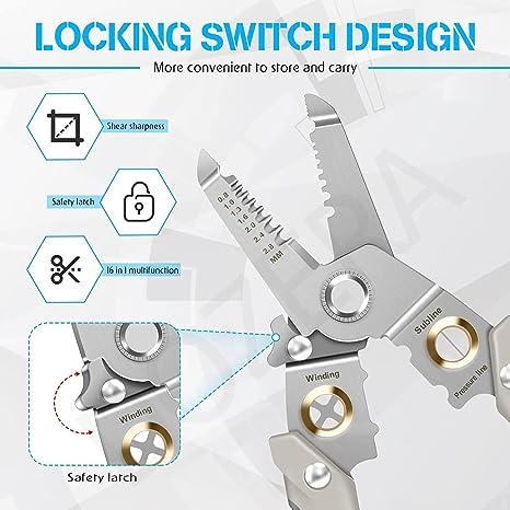Multi function wire stripper tool with locking switch design and safety latch for easy storage and use