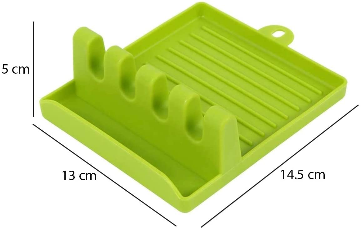 Green multi-functional spatula holder for kitchen utensils with multiple slots and drip tray