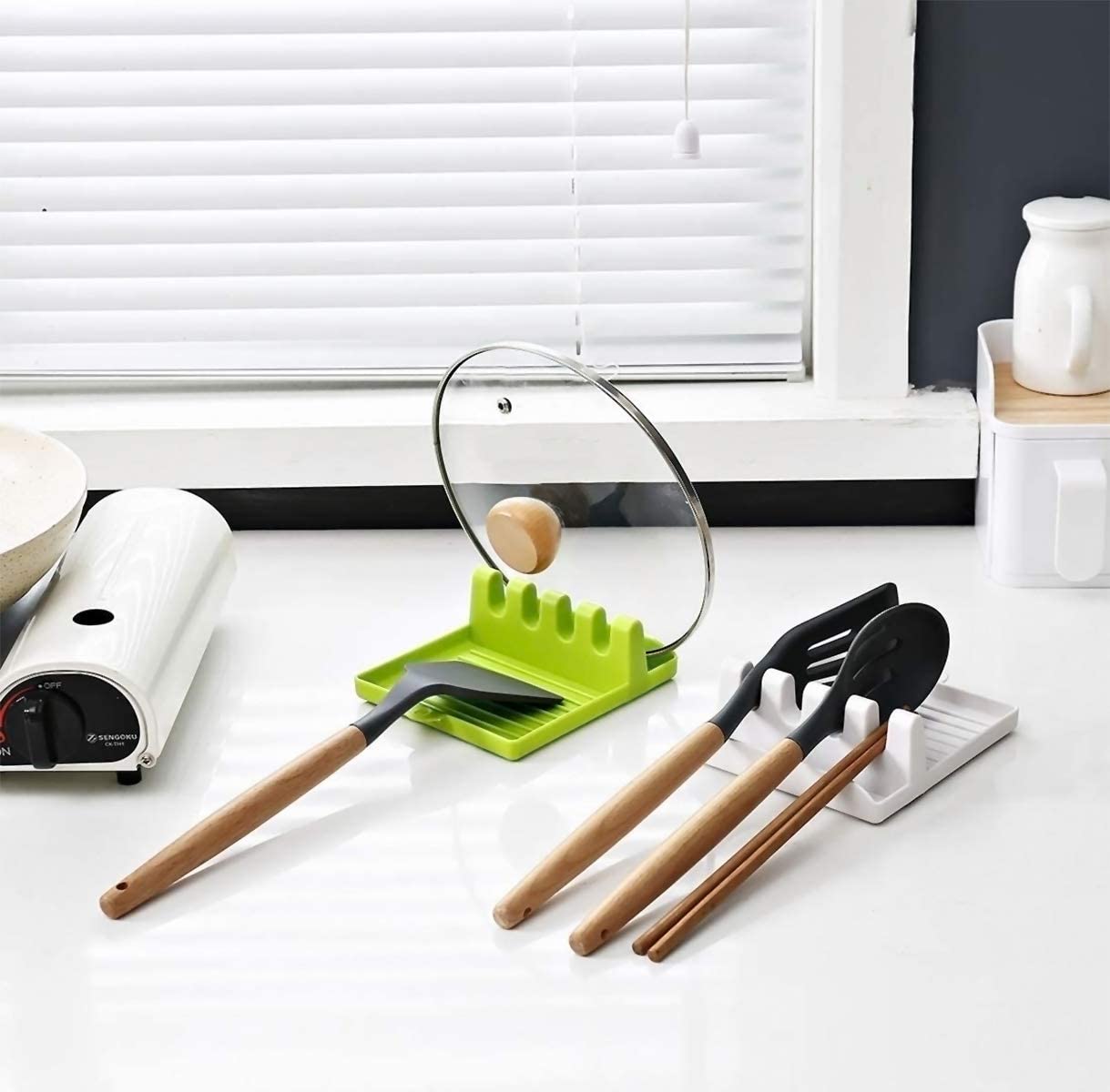 Your Brand multi-functional spatula holder in vibrant green with kitchen tools organized for easy access