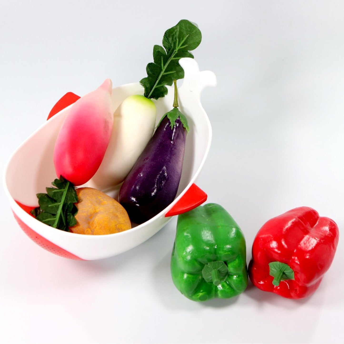 Your Brand multi-purpose washing bowl with strainer, featuring colorful vegetables for kitchen prep