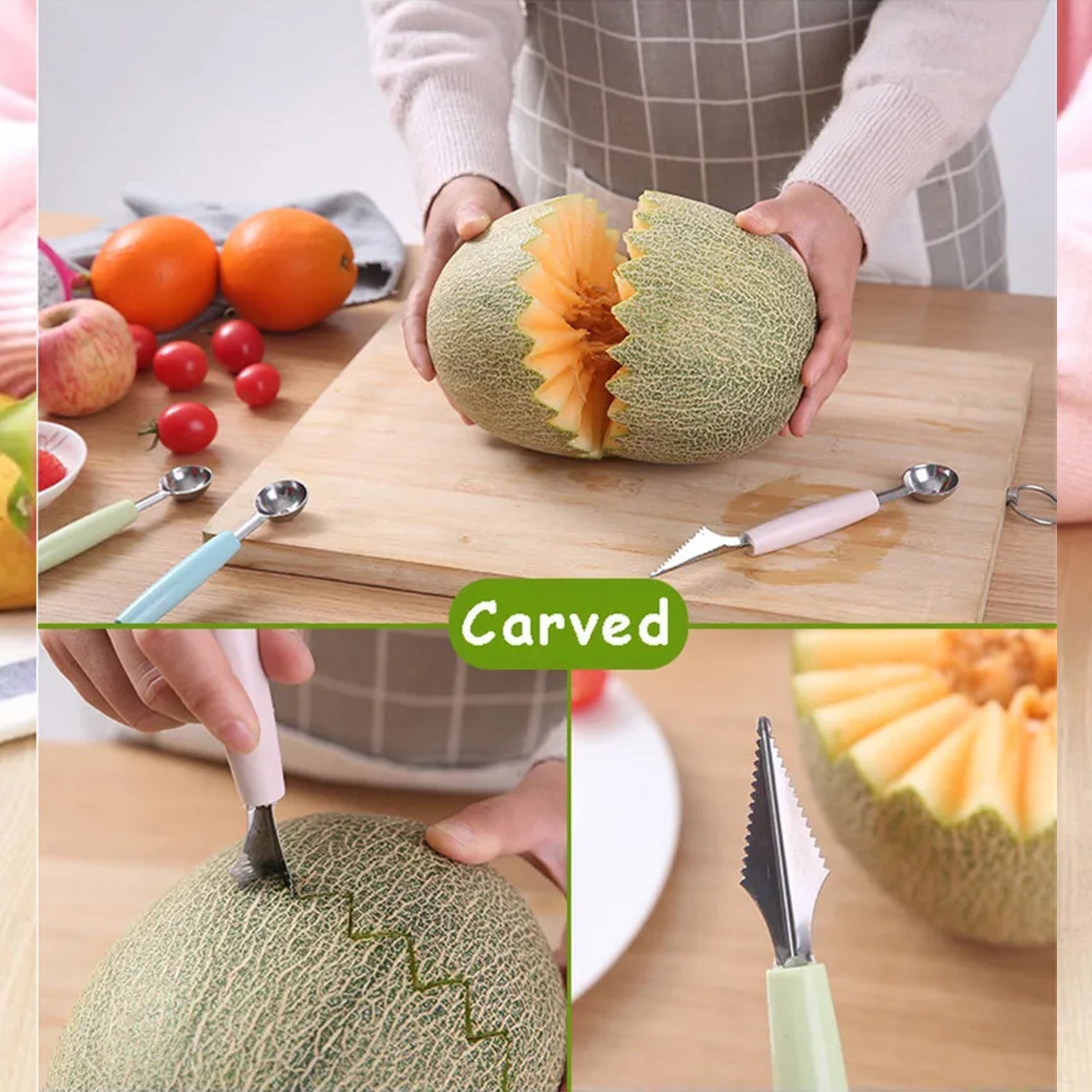 Quickslice multifunctional fruit scooper in use, carving a melon with precision for decorative fruit servings