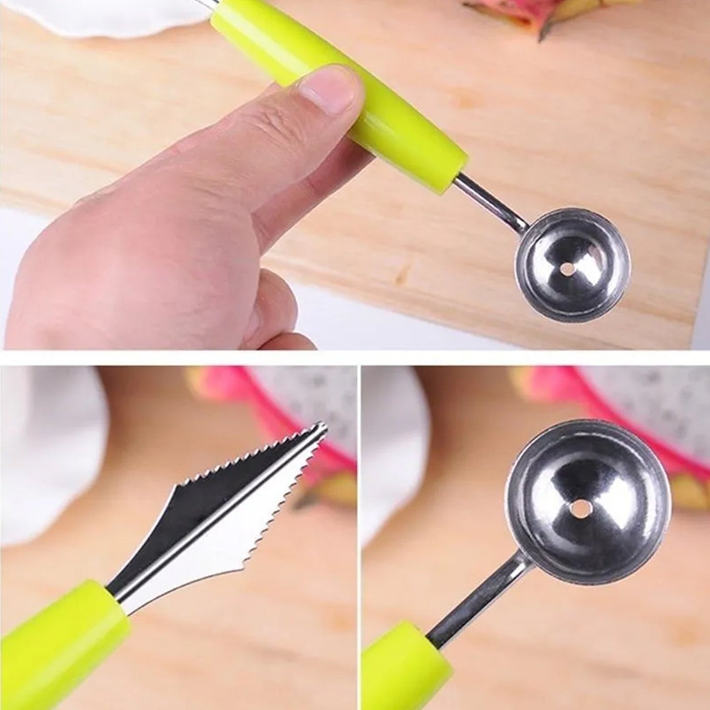 Quickslice multifunctional fruit scooper with stainless steel bowl and sharp cutting edge for easy fruit preparation