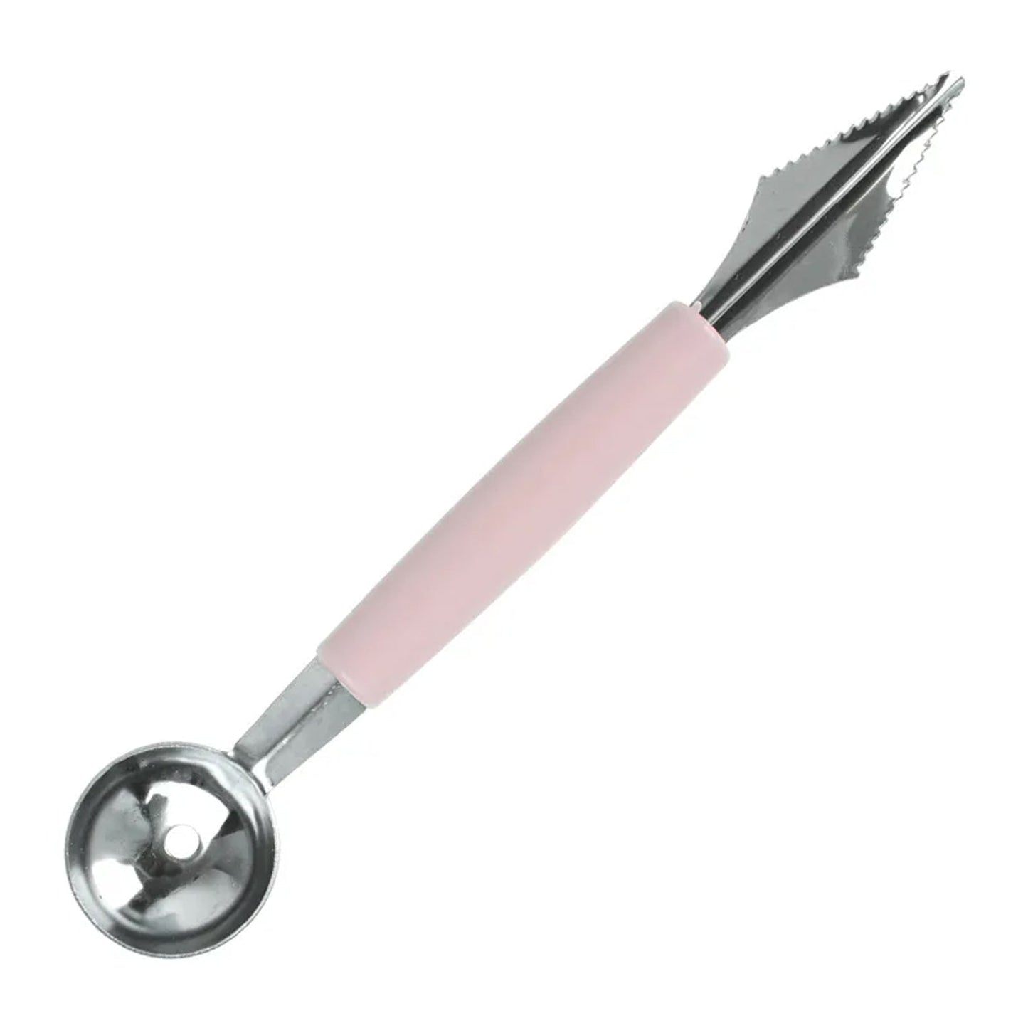 Quickslice multifunctional fruit scooper with a stainless steel head and ergonomic pink handle