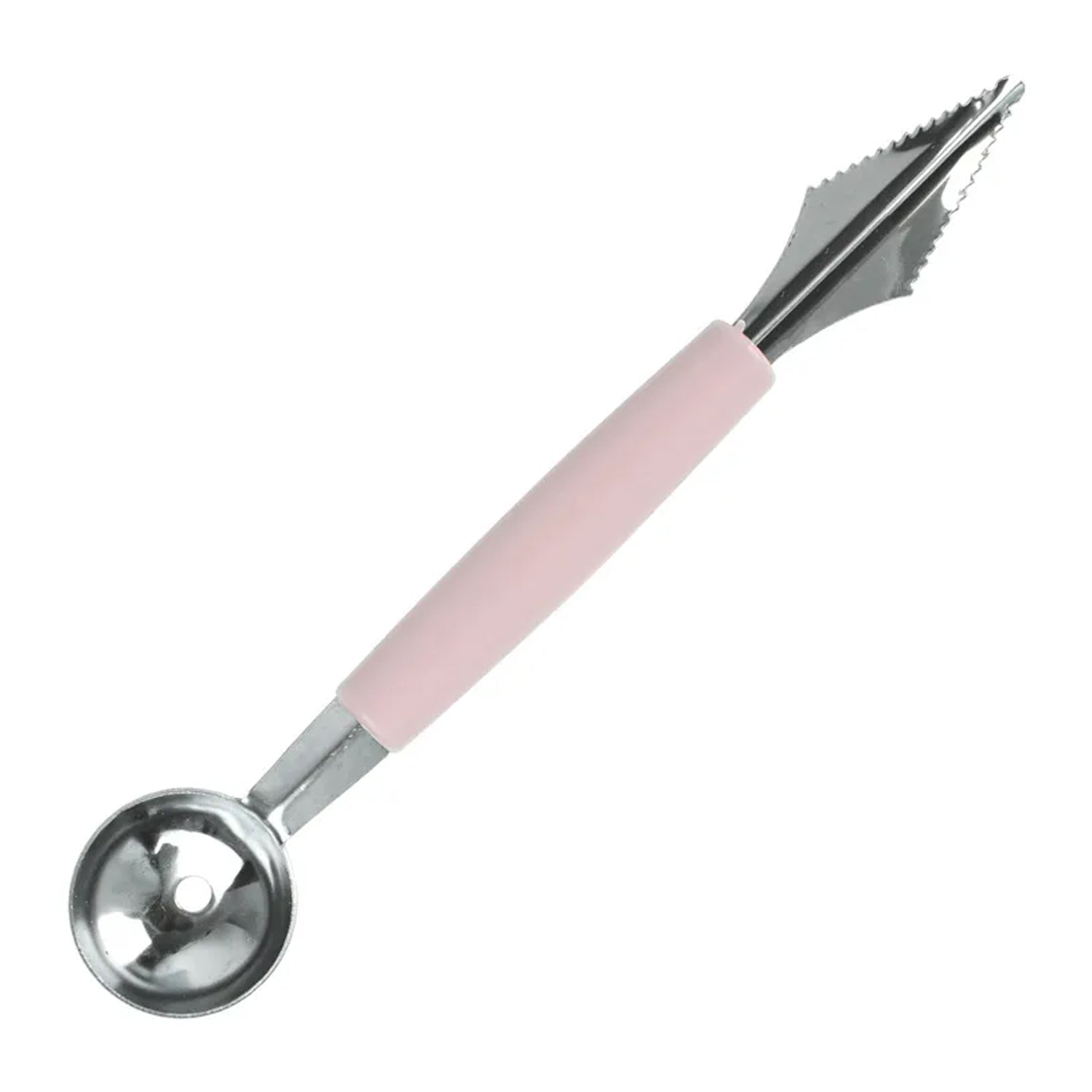 Quickslice multifunctional fruit scooper with a stainless steel head and ergonomic pink handle