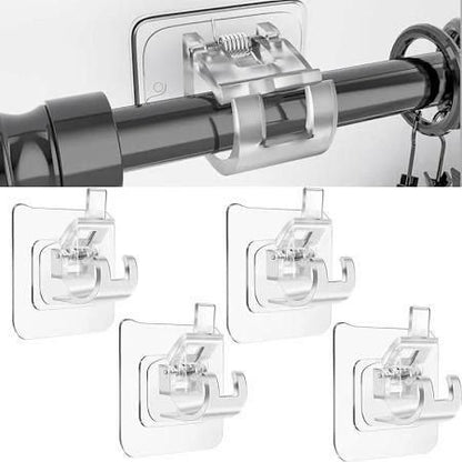 Set of transparent multifunctional rod holder clips securing rods and tools to walls for organized storage