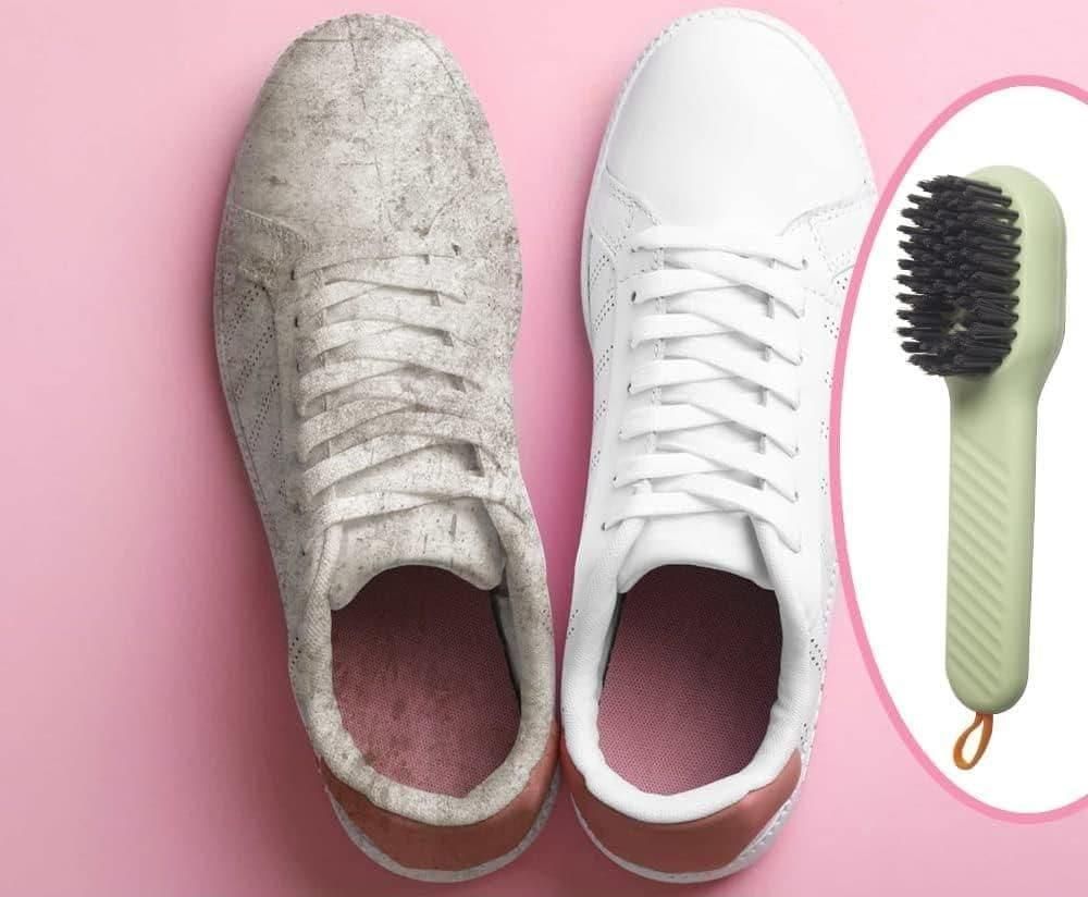 Multifunctional shoe polishing brush next to clean and dirty sneakers on a pink background