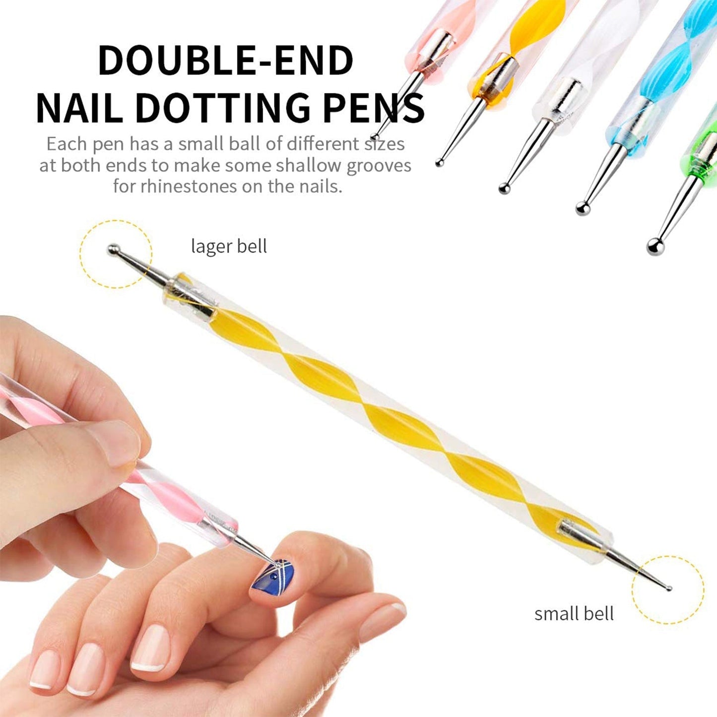 Double-end nail dotting pens for women with various sizes for detailed nail art design