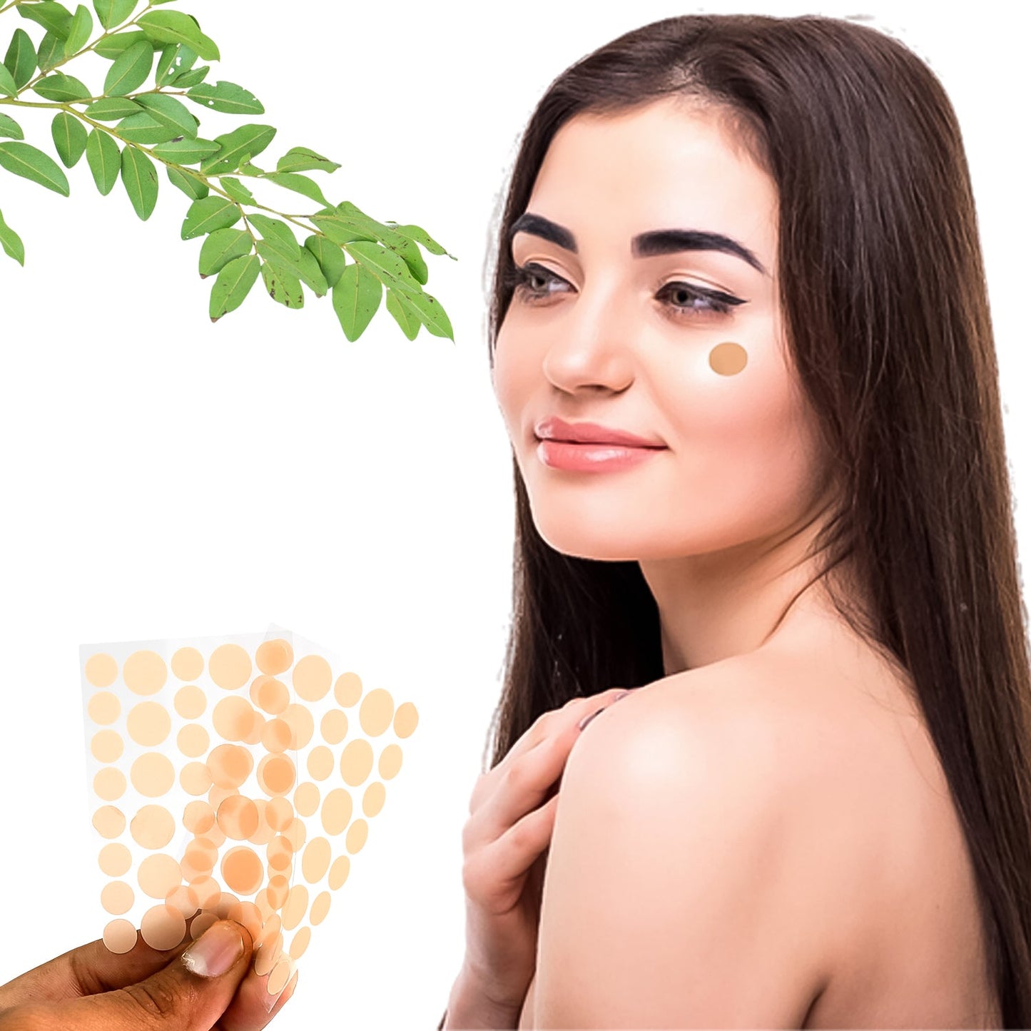 Your Brand natural acne spot treatment patches shown on a model's face for clear skin solutions