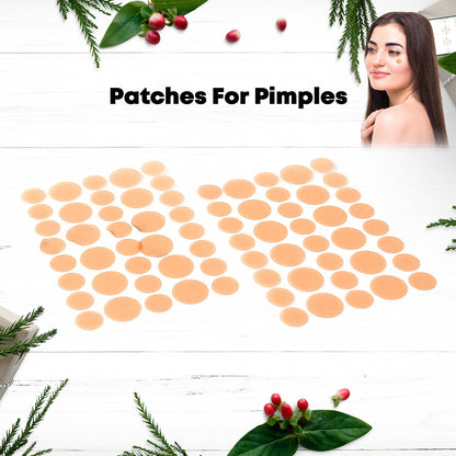 Natural acne spot treatment patches displayed on a wooden surface with a model showing clear skin