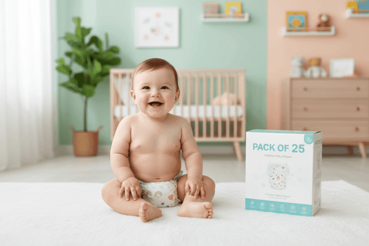 Happy baby sitting on a soft surface wearing natural disposable diapers for babies in a colorful nursery