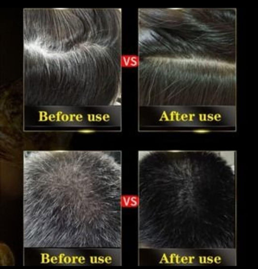 Before and after results of natural hair color shampoo showing vibrant color difference on hair