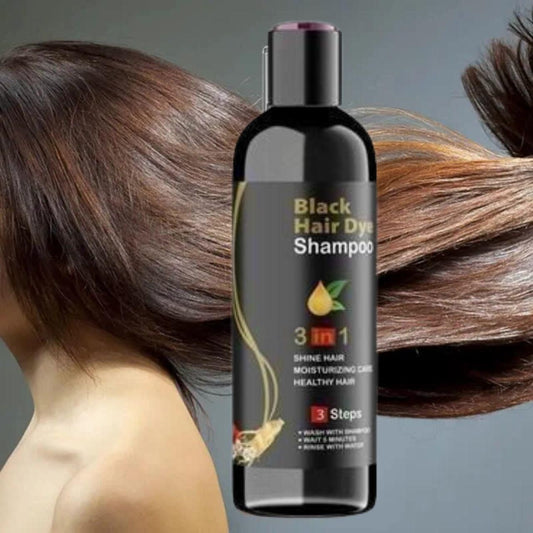 Black Hair Dye Shampoo in a bottle, promoting natural hair color shampoo for shiny and healthy hair