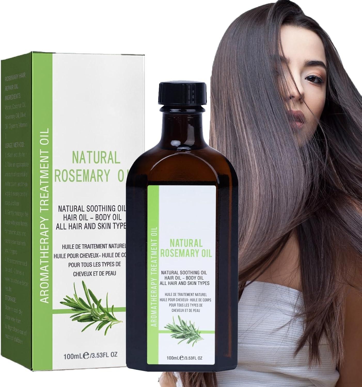 Natural rosemary oil for hair growth in a brown bottle with a green box, ideal for all hair types
