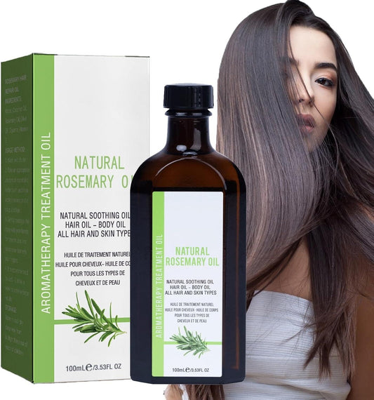 Natural rosemary oil for hair growth in a brown bottle with a green box, ideal for all hair types