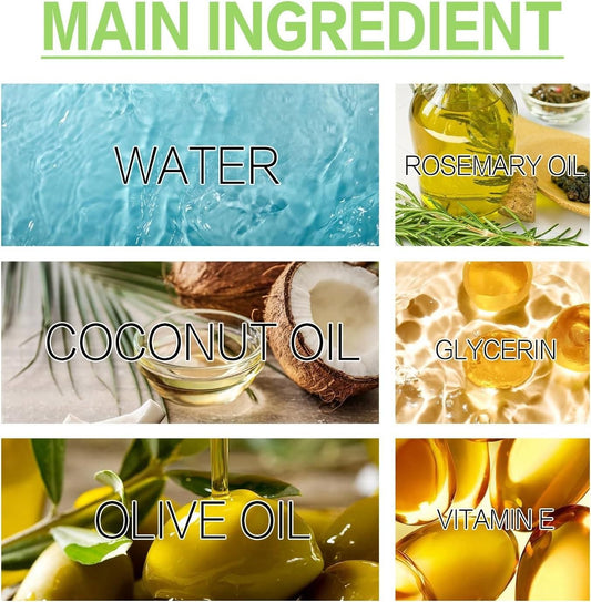 Natural rosemary oil for hair growth featured alongside water, coconut oil, olive oil, glycerin, and vitamin E