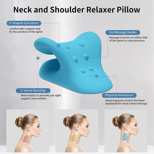 Blue Neck and Shoulder Relaxer Pillow for pain relief with six massage nodes and V-shaped curvature