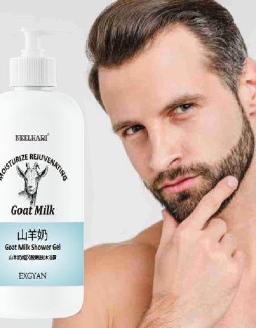 Dropdash Goat Milk Shower Gel in a bottle with a man showing soft skin and a clean look