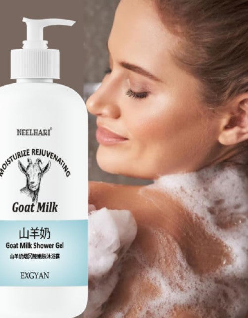 Dropdash Goat Milk Shower Gel in a bottle, with a woman enjoying a bubbly shower