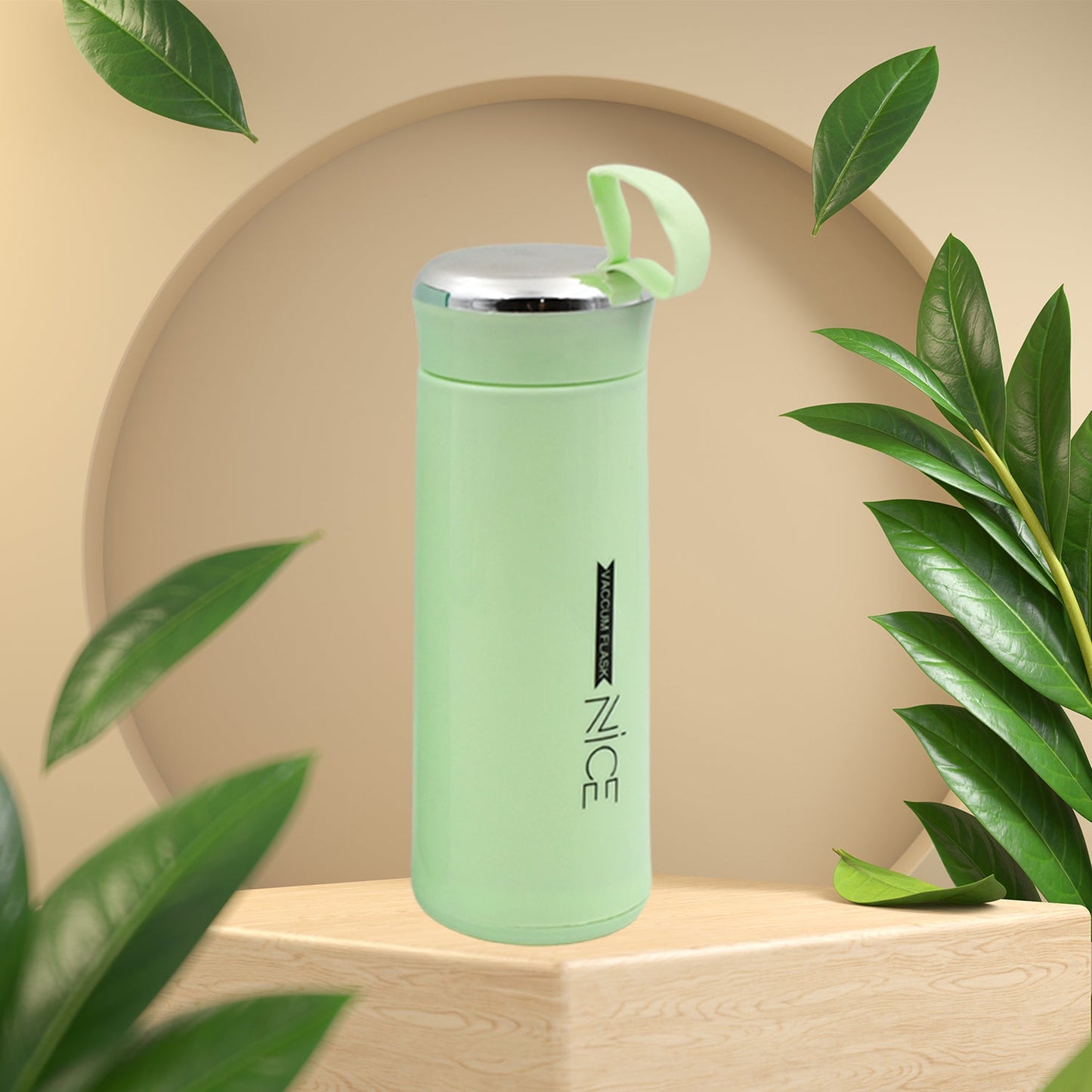 Your Brand leak proof glass water bottle 400ml in mint green color with a silver lid and convenient handle