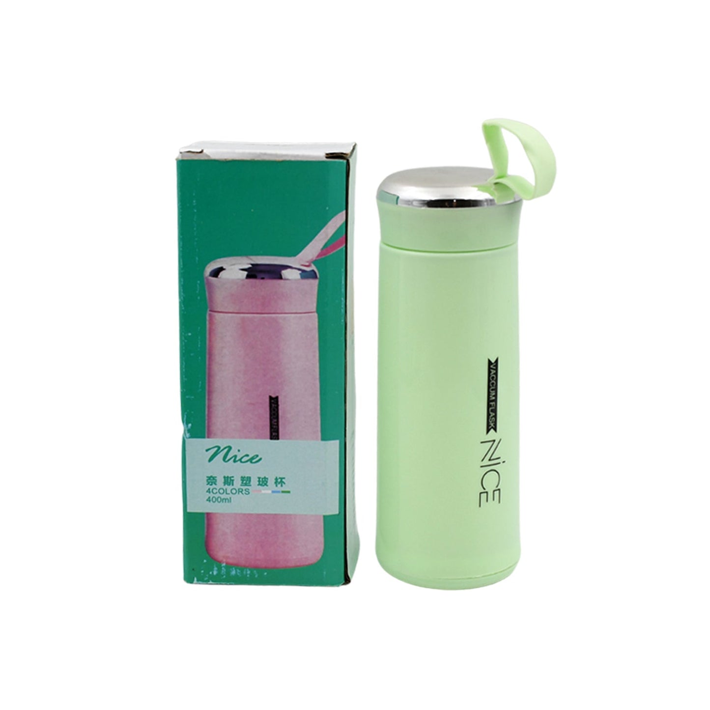 Leak proof glass water bottle 400ml in green with a silver lid and matching packaging