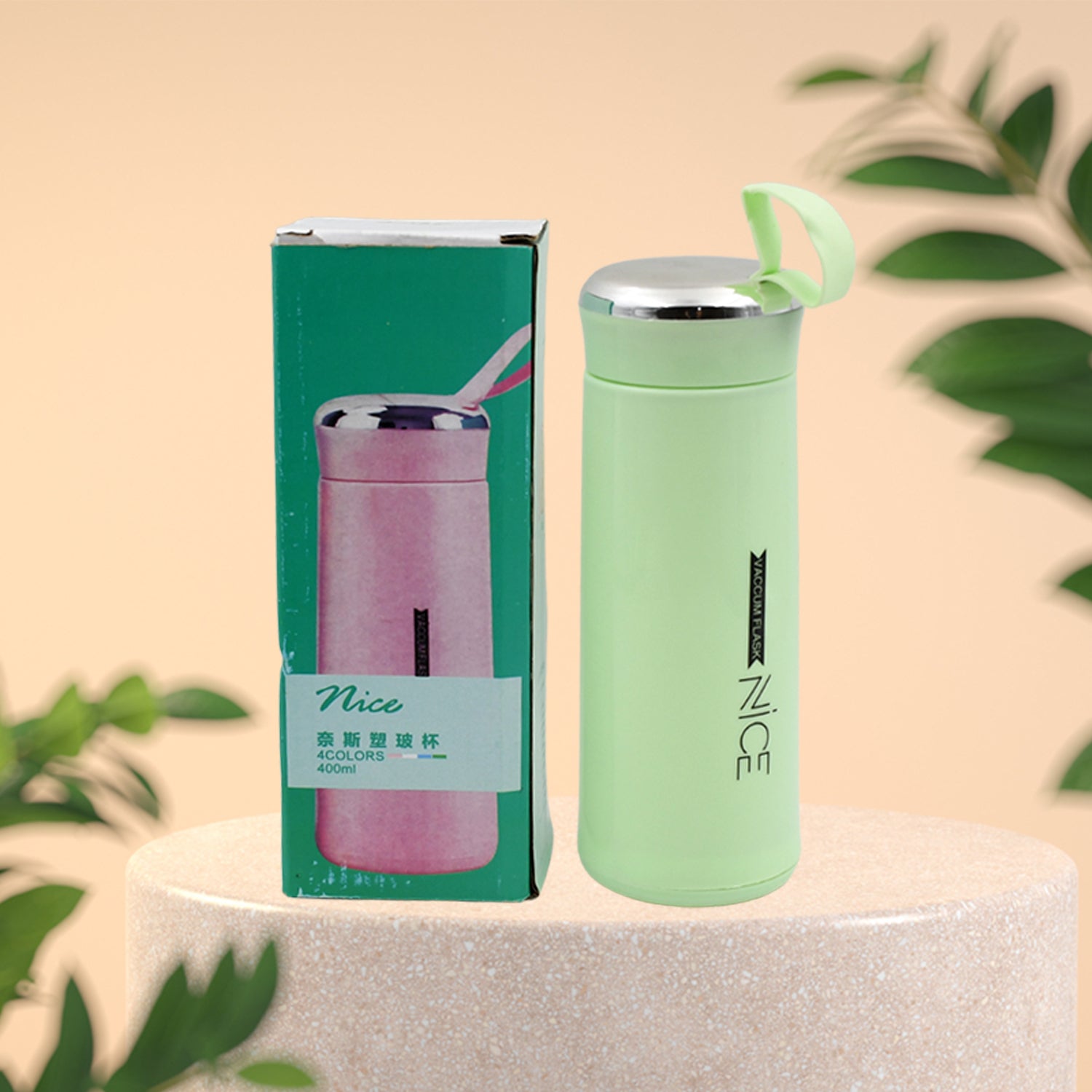 Your Brand leak proof glass water bottle 400ml in mint green with a sleek design and matching box