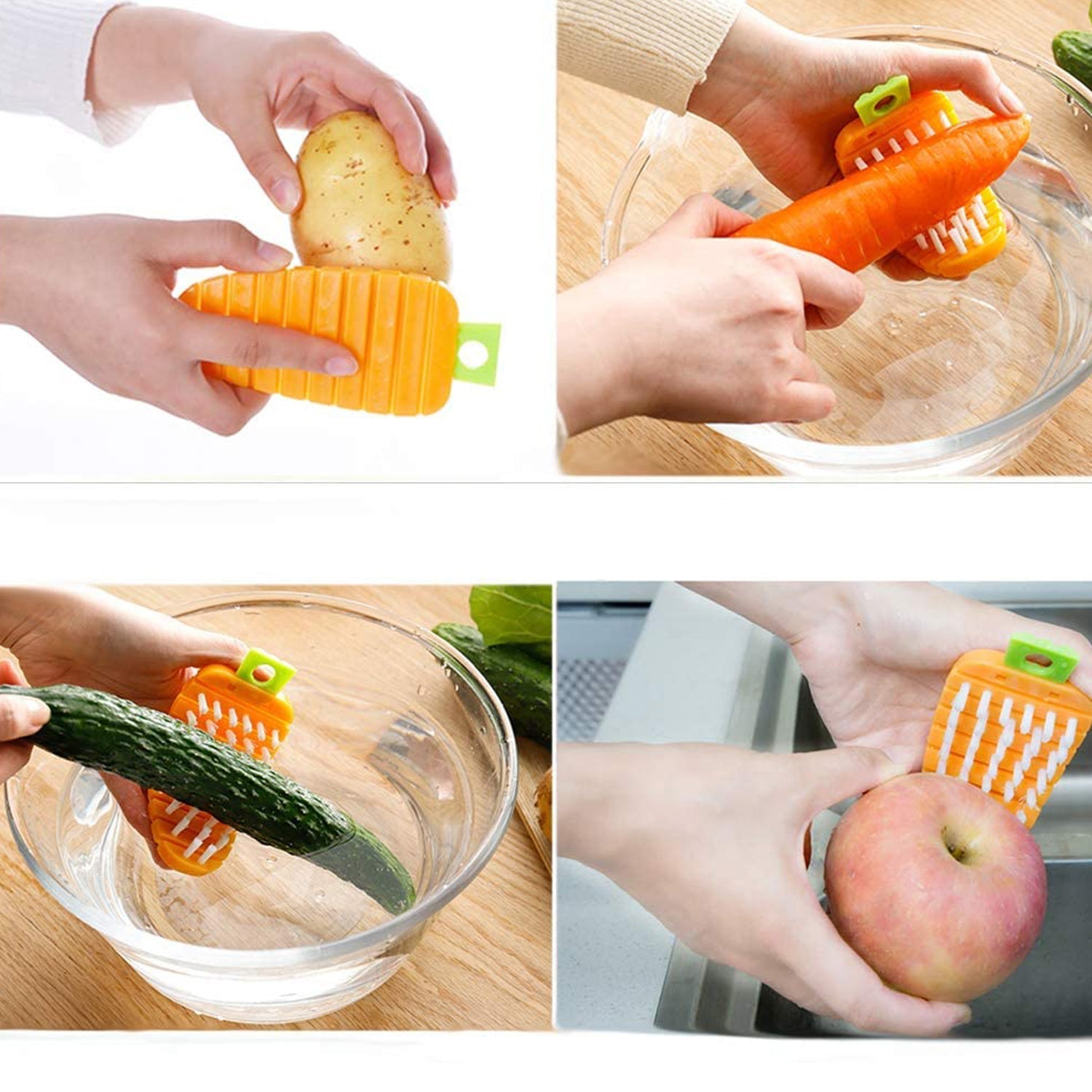 Hands using a non-toxic vegetable scrubbing brush on various vegetables in water for effective cleaning