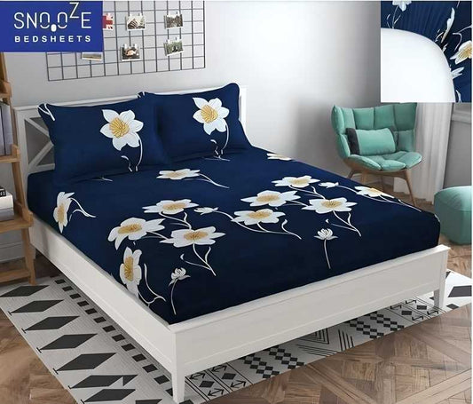 Contrast pillow cover bedding with white floral design on navy blue bedsheets by THE GIR FARMER