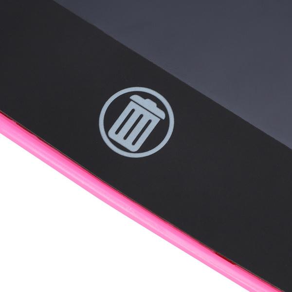 Close-up of an LCD writing tablet for kids with a pink frame and erase button symbol