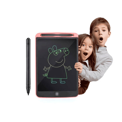 Kids using an LCD writing tablet for kids featuring colorful drawings and a stylus pen