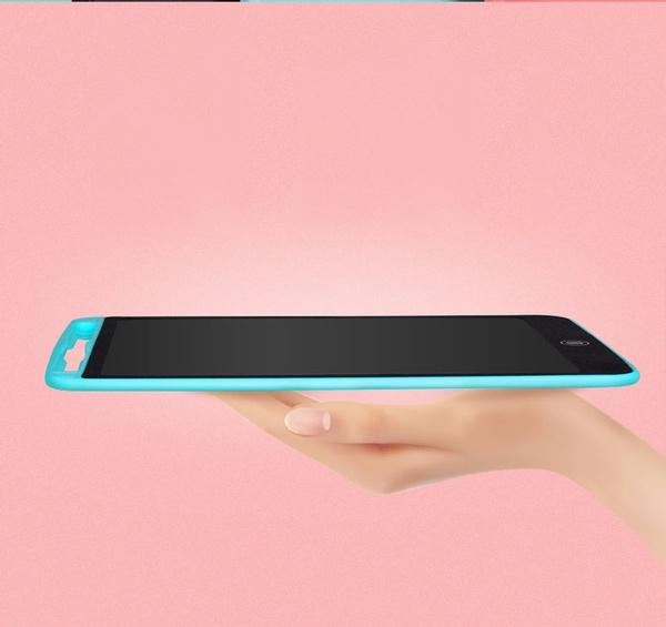 Colorful LCD writing tablet for kids held in hand, perfect for doodling and drawing