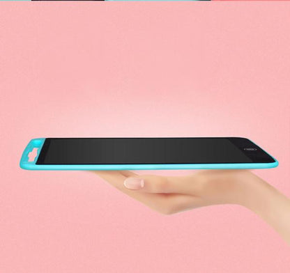 Colorful LCD writing tablet for kids held in hand, perfect for doodling and drawing