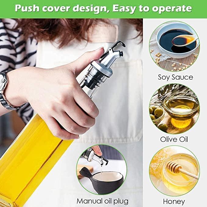 Glass oil dispenser bottle for kitchen with push cover design for easy operation