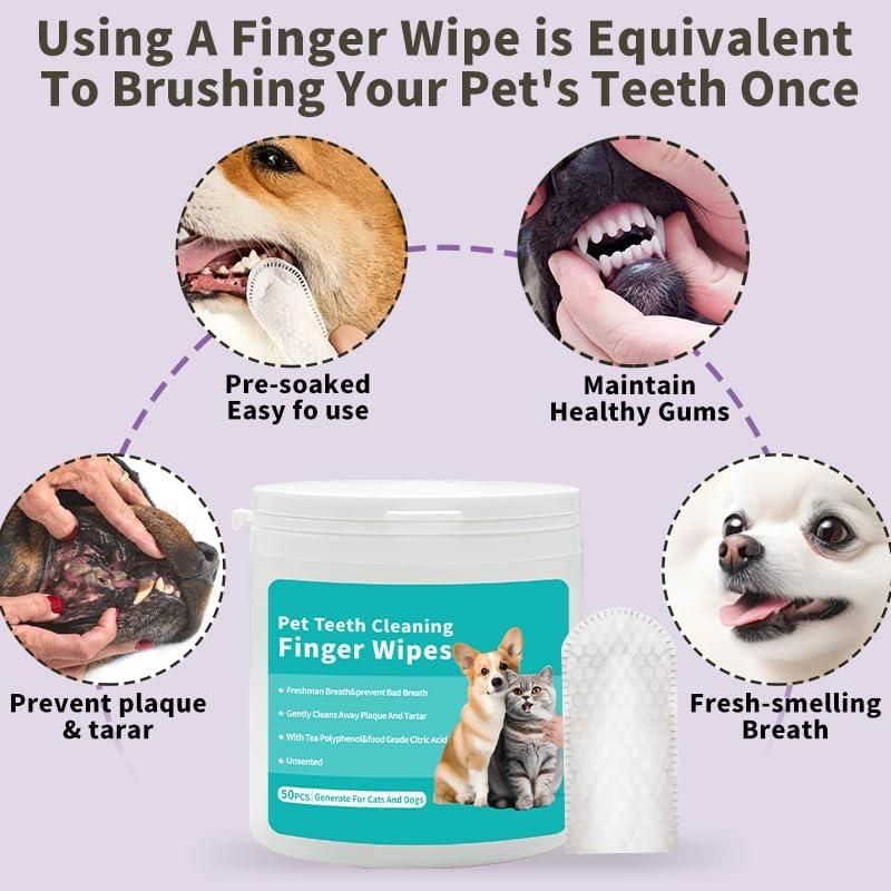 Cat and dog oral care wipes with finger wipe for easy teeth cleaning and fresh-smelling breath