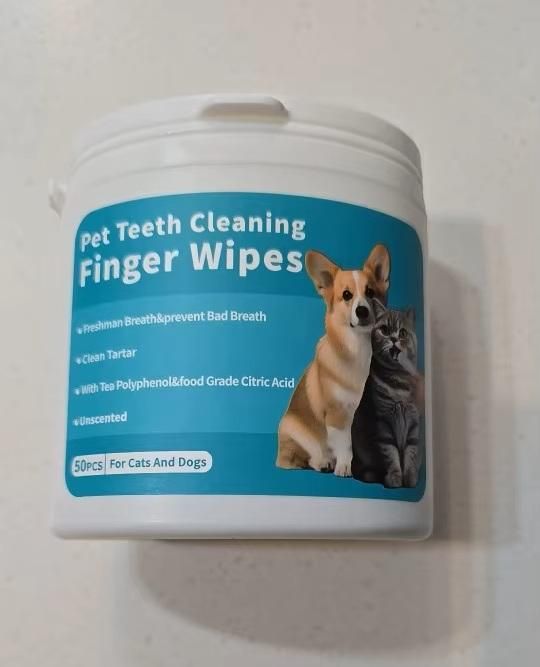 Container of cat and dog oral care wipes with pet teeth cleaning finger wipes for fresh breath and tartar removal