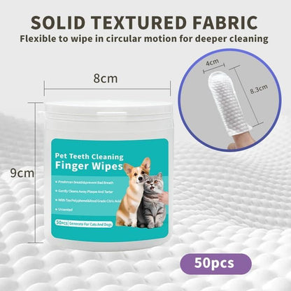 Container of 50 cat and dog oral care wipes with solid textured fabric for deeper cleaning