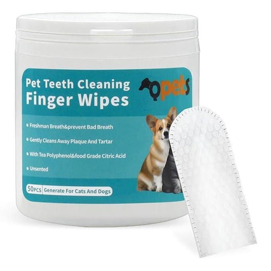 Container of cat and dog oral care wipes with finger wipe shown for pet teeth cleaning