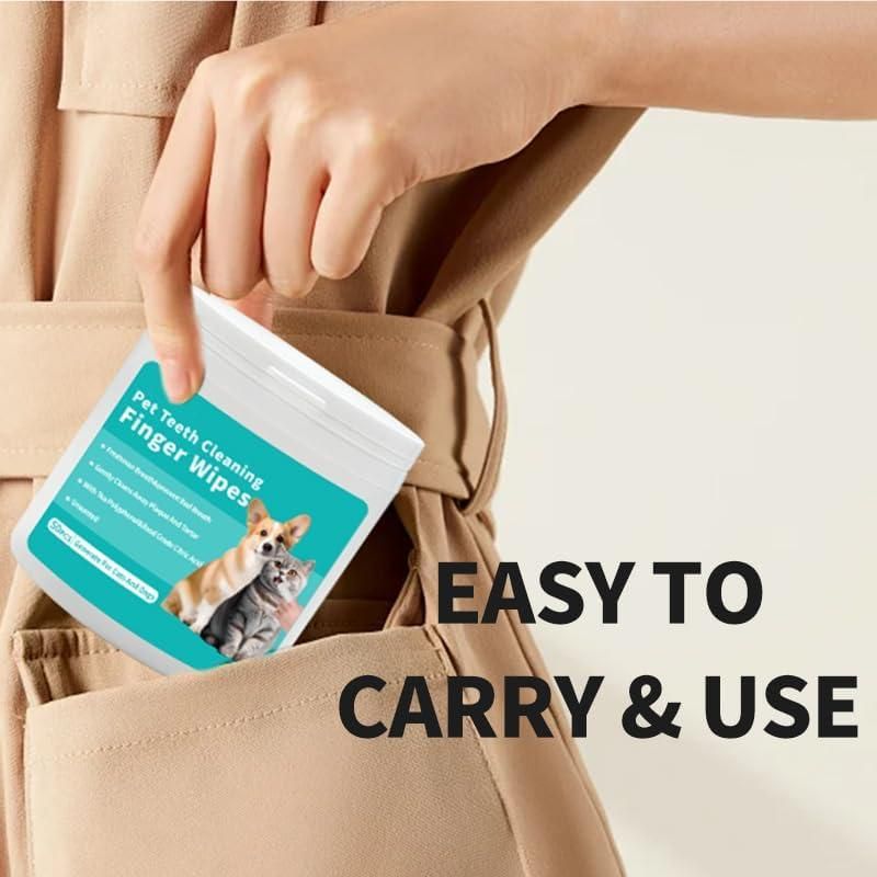Person placing cat and dog oral care wipes container into a beige pocket showing easy to carry and use