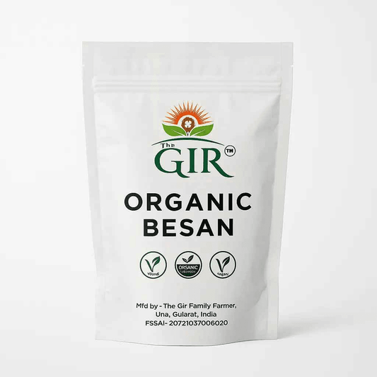 White packaging of organic besan flour by The Gir Farmer, perfect for cooking and baking