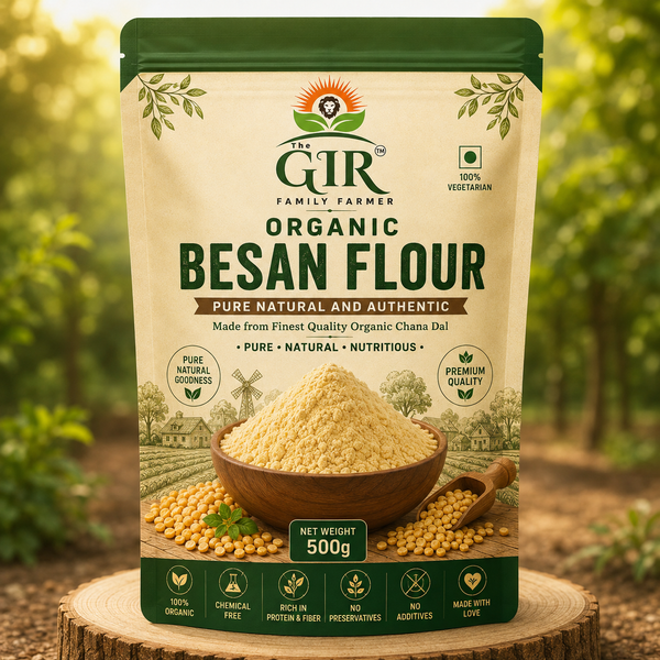 THE GIR FARMER Organic Besan Flour in a 500g bag, perfect for healthy cooking and baking recipes