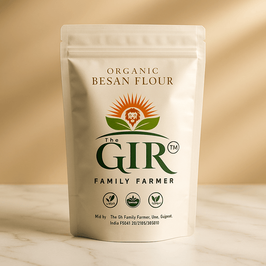 The GIR Farmer Organic Besan Flour in a resealable white packaging for healthy cooking and baking