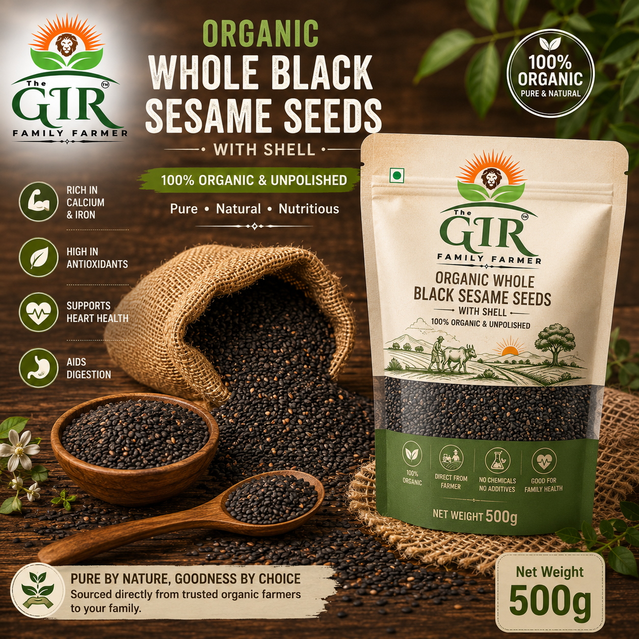 Organic Black Sesame Seeds with Shell from THE GIR FARMER, rich in nutrients and antioxidants for healthy recipes