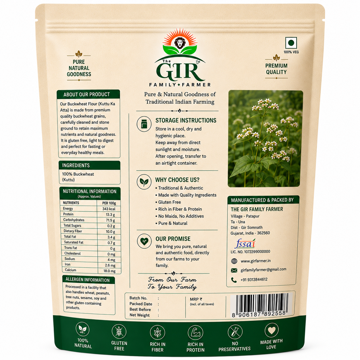 Organic Buckwheat Flour from The Gir Farmer in 1 kg resealable bag, ideal for baking and cooking