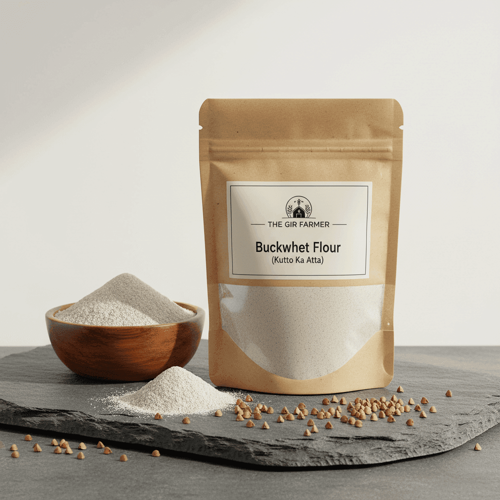Organic Buckwheat Flour by THE GIR FARMER in a kraft bag, perfect for gluten-free baking and cooking