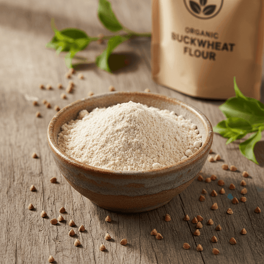 Organic Buckwheat Flour in a rustic bowl on a wooden surface, ideal for gluten-free baking and cooking