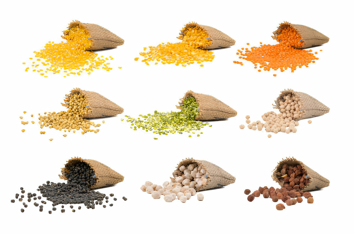 Various lentils and beans including organic chana dal spilled from small burlap sacks in a grid layout