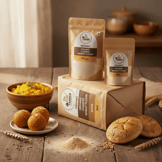 THE GIR FARMER Organic Coarse Wheat Flour in 500g and 2kg packages with delicious dishes ready to serve