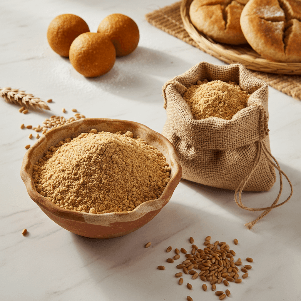 Organic Coarse Wheat Flour in a bowl with whole wheat grains and baked bread rolls for healthy cooking