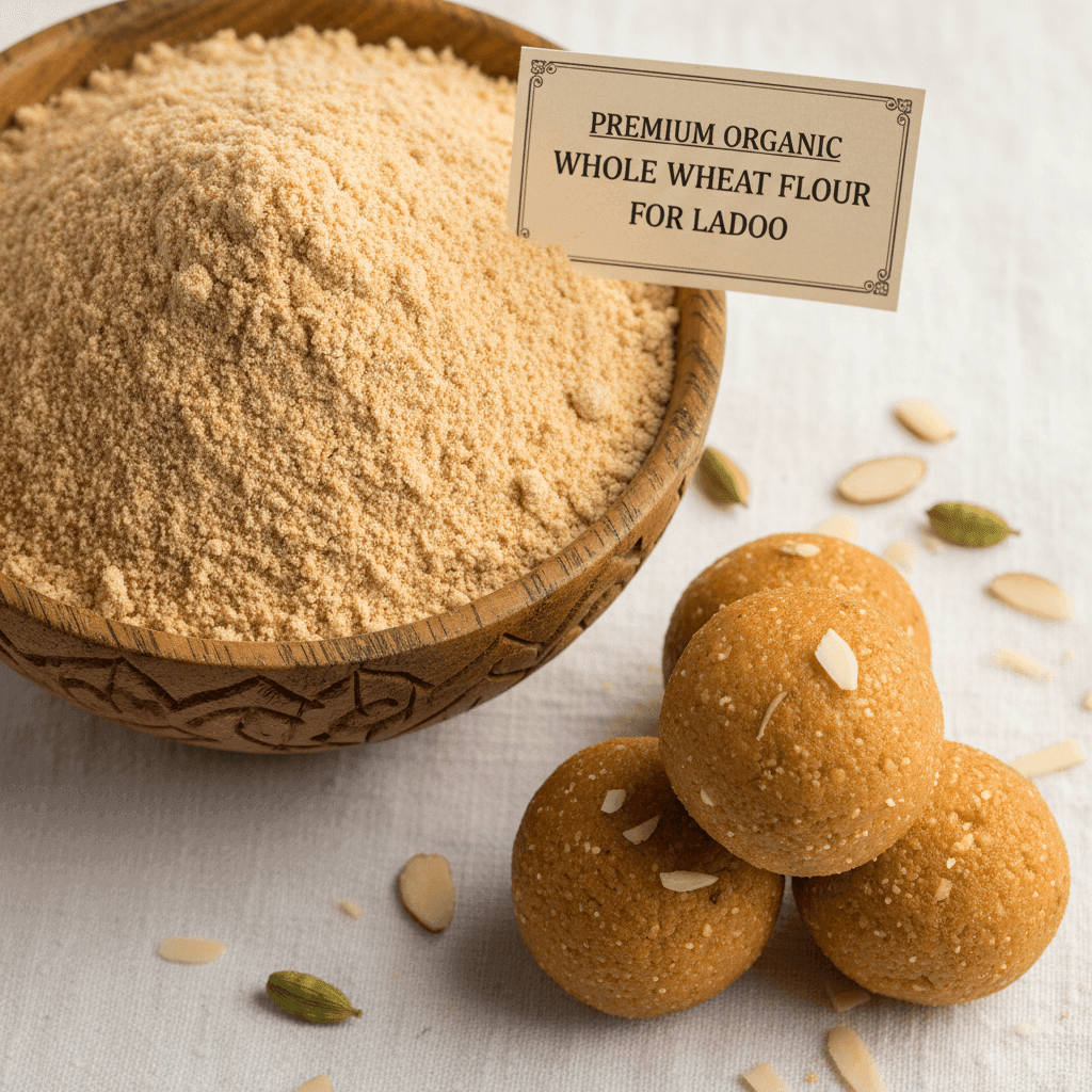 Organic Coarse Wheat Flour in a wooden bowl with ladoo sweets, ideal for baking and cooking