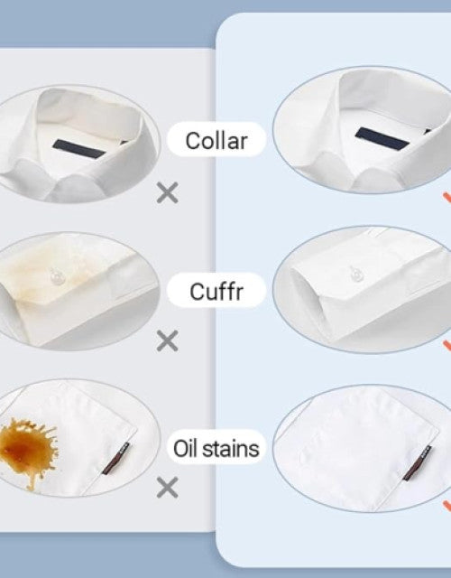 Before and after images showing organic deep cleaning powder effectiveness on shirt stains